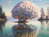 An artwork representing the brain as a tree in a pond of thoughts