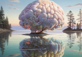 An artwork representing the brain as a tree in a pond of thoughts
