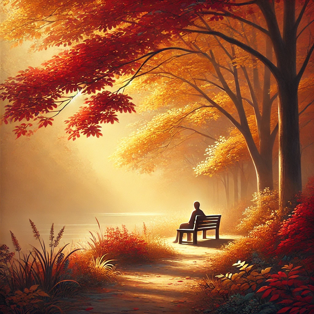 Artwork of a man sitting on a bench in a park in autumn