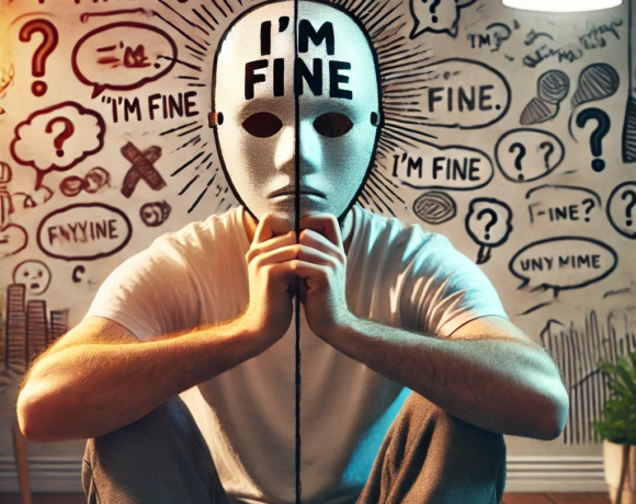 Artwork By ai representing a boy wearing a mask which says "I'm Fine"