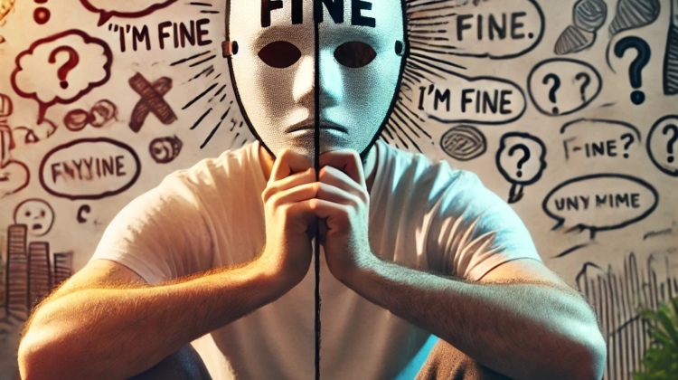 Artwork By ai representing a boy wearing a mask which says "I'm Fine"