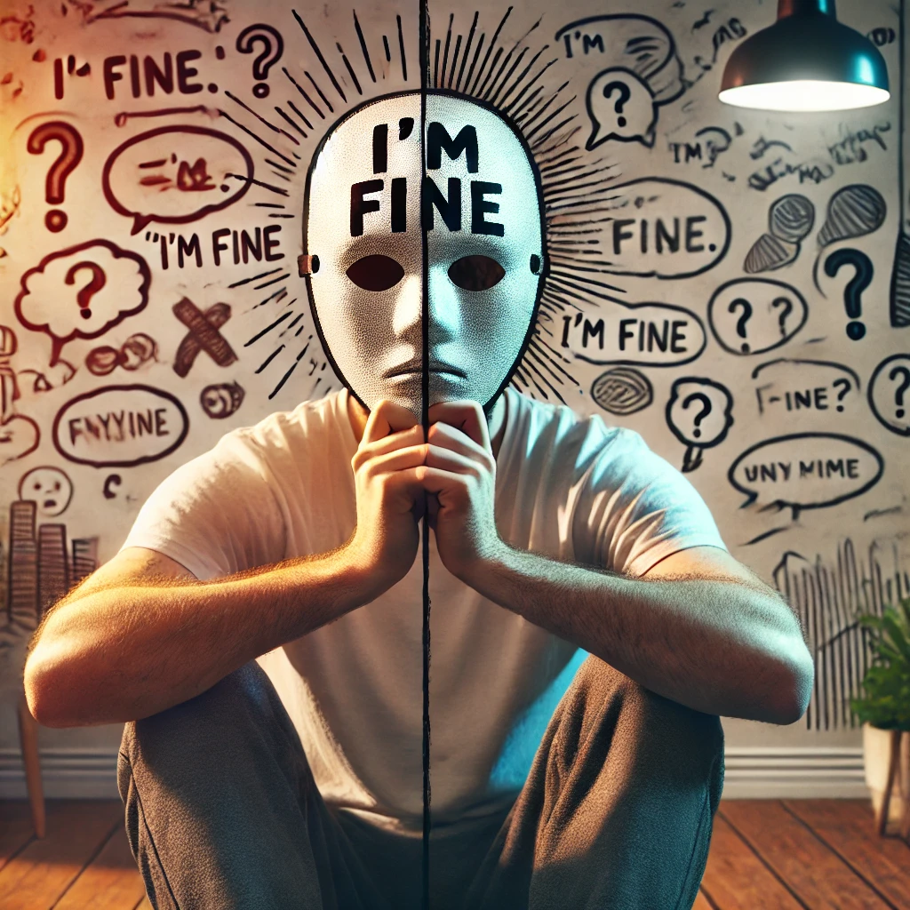 Artwork By ai representing a boy wearing a mask which says "I'm Fine"