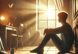 Artwork depicting a young boy watching as sunlight enters his room from a window