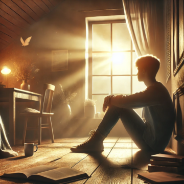 Artwork depicting a young boy watching as sunlight enters his room from a window