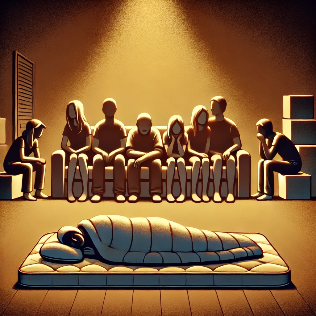 An Ai generate d artwork depicting a person sleeping amongst other people due to lack of space