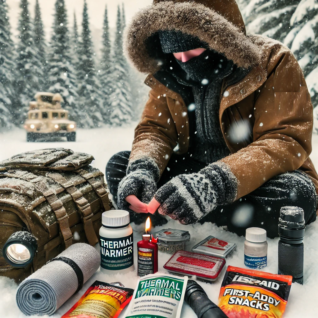 AI generate image of  man stuck in a snowy weather opening his emergency kit with essential things like a thermal warmer, stove first aid , mattress etc.