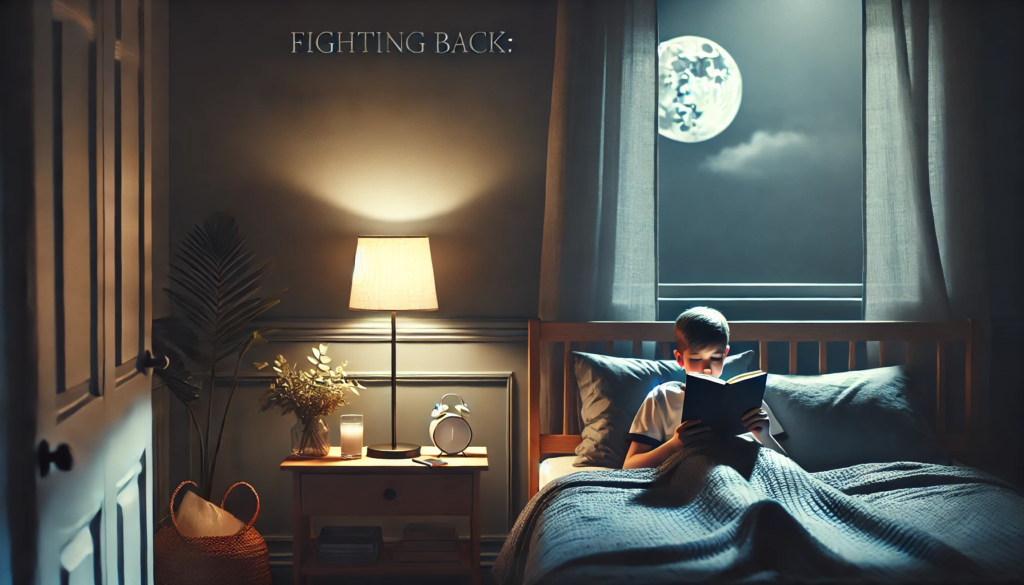 A cozy bedroom with dim light and a young boy reading a book tucked in his bead before he goes to sleep with a calm and inviting atmosphere to highlight healthy bedtime habits.