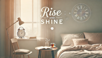 Artwork depicting a quiet aesthetic bedroom with the words "Rise and Shine " written on the wall. "