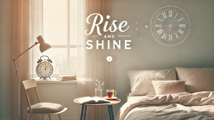 Artwork depicting a quiet aesthetic bedroom with the words "Rise and Shine " written on the wall. "