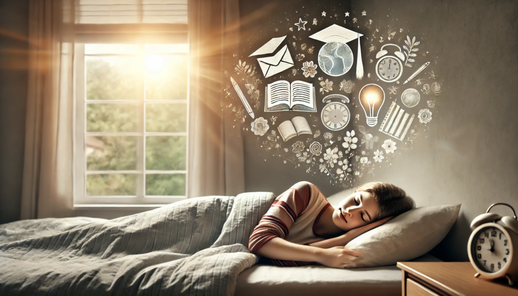 A teenage girl sleeping in a cozy bedroom with morning light comin in from the window conveying a peaceful and inspiring atmosphere.