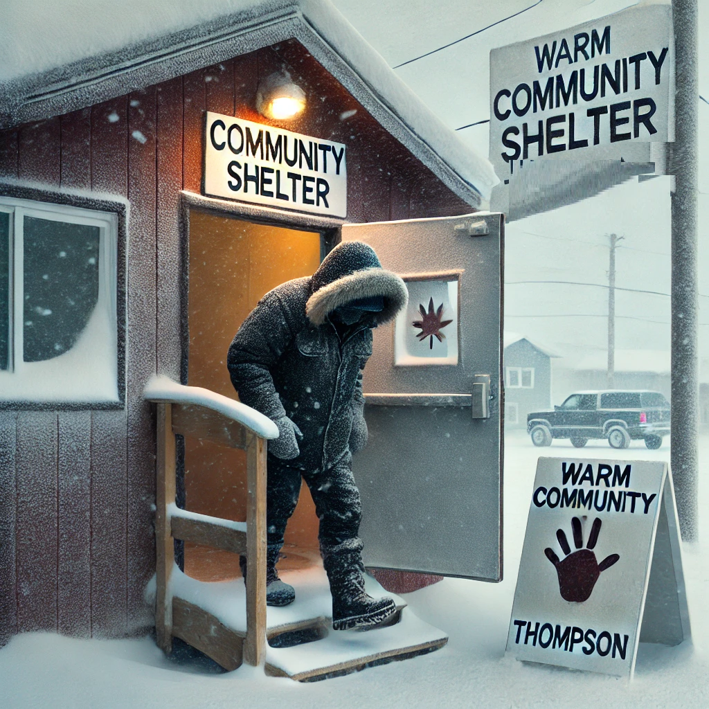 A detailed, photorealistic winter street scene in Thompson, with a man walking out of a warm coommunity shelter