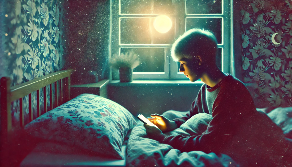 Image depicting a buy in his bed at night but using his phone with bright light. Reflecting the theme of teen sleep challenges