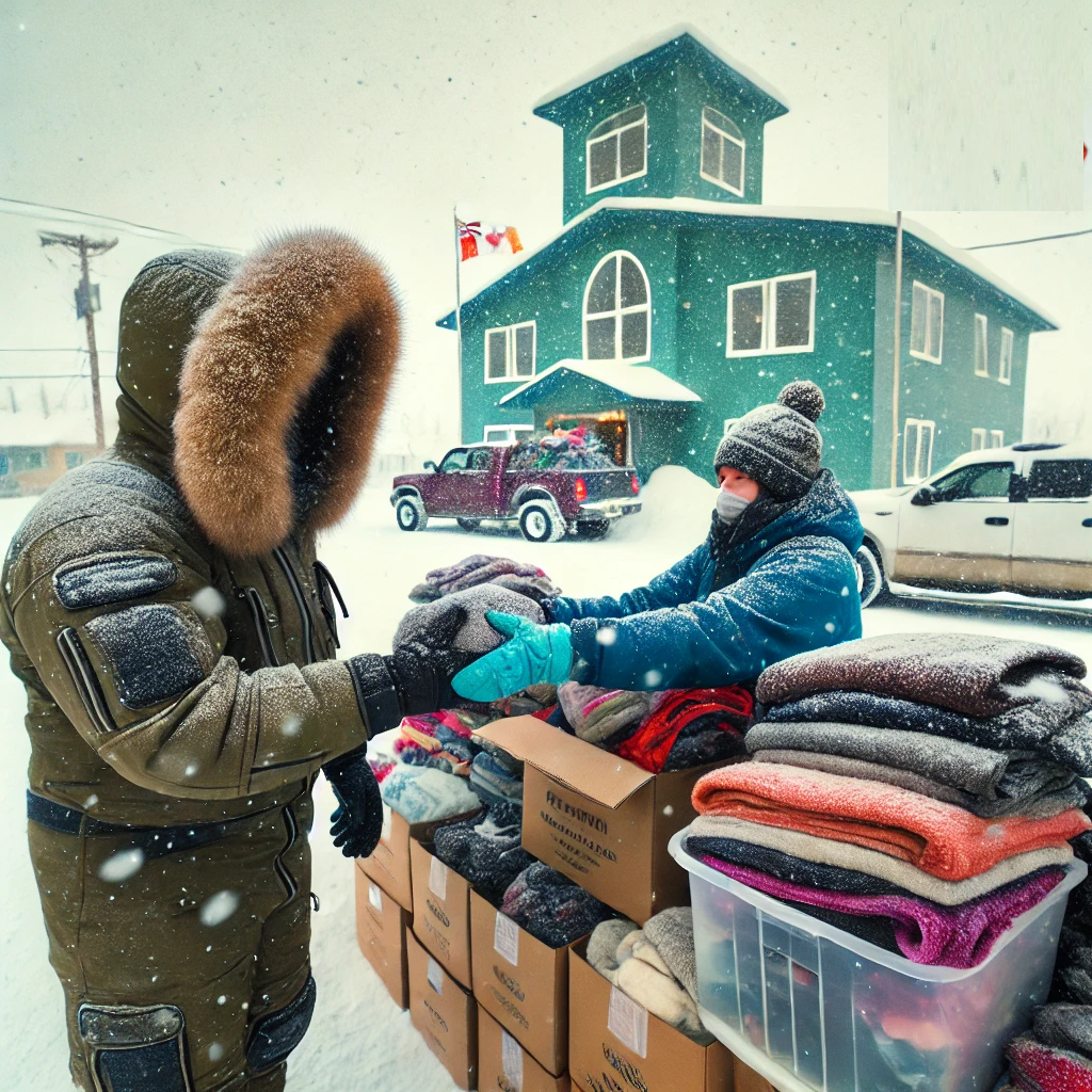 Ai generate image of a community program of handing out warm clothes and blankets to the needy.