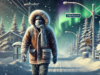 Person bundled in layers of winter clothing on a snowy Thompson, Manitoba street with northern lights overhead.