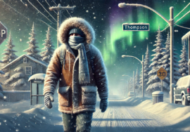 Person bundled in layers of winter clothing on a snowy Thompson, Manitoba street with northern lights overhead.