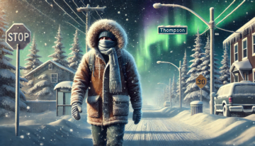 Person bundled in layers of winter clothing on a snowy Thompson, Manitoba street with northern lights overhead.