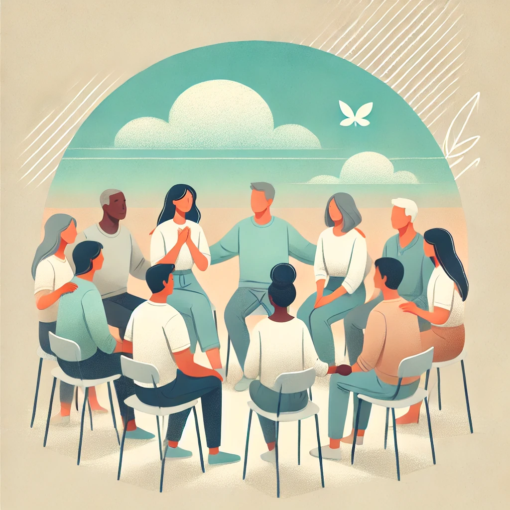 AI generated artwork depicting people sitting in a circle, community support in healing, reflecting unity, warmth, and empathy with soft pastel tones.