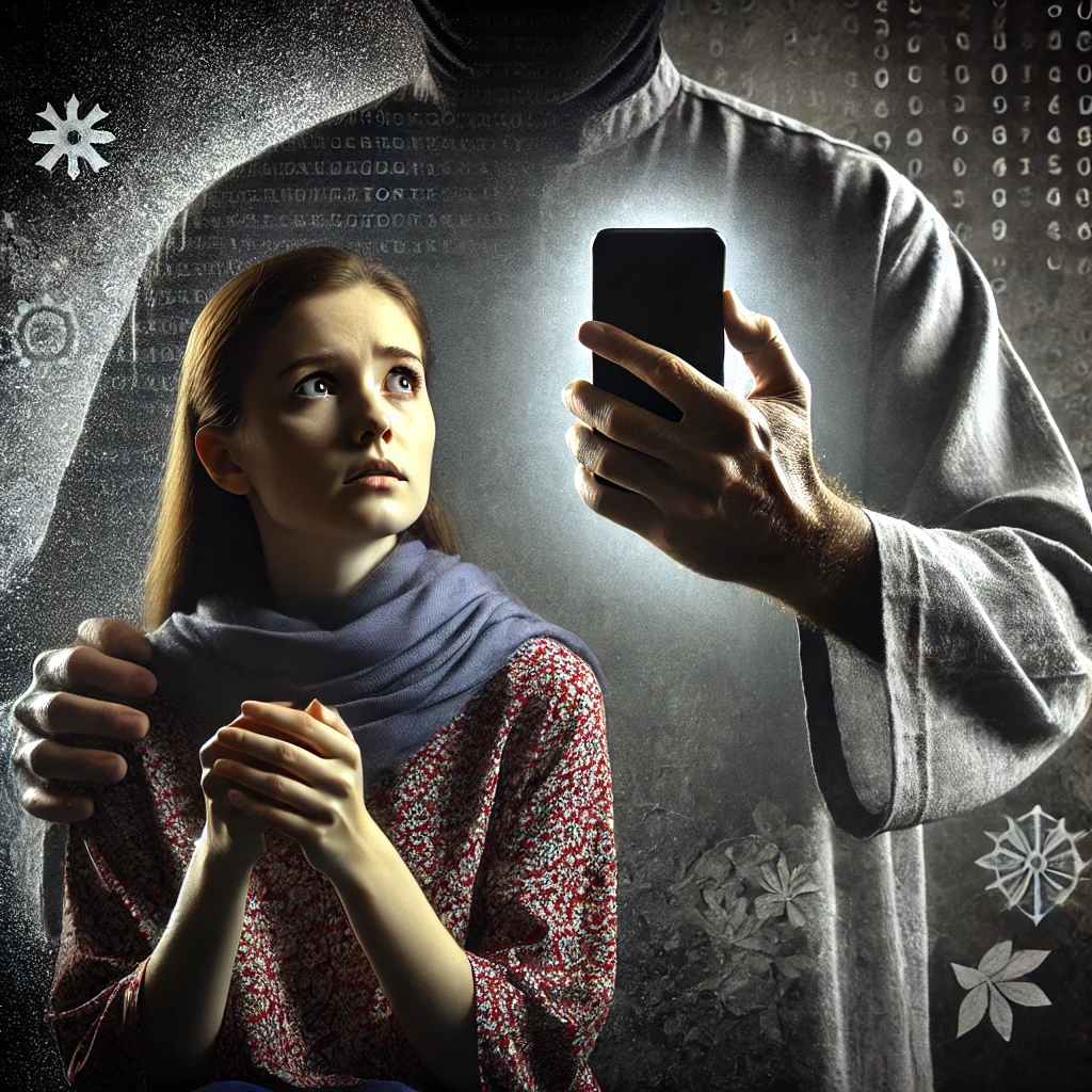 AI generated Artwork depicting how communications can be controlled in a relationship. here it shows  A girl standing while a man is checking her phone 