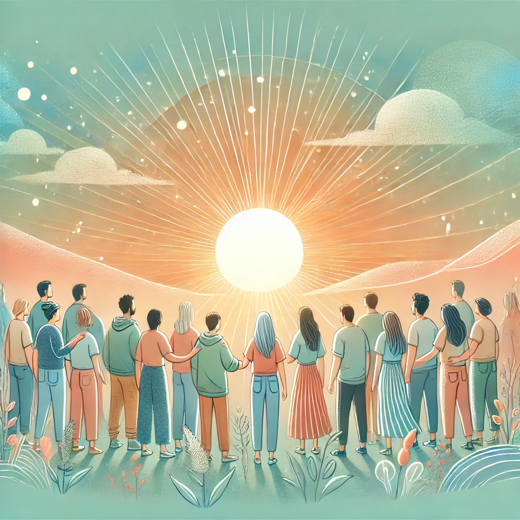 An image depicting a group of people standing together watching sunrise for the "Embracing a Future of Hope" section, capturing the essence of resilience, optimism, and collective support. 