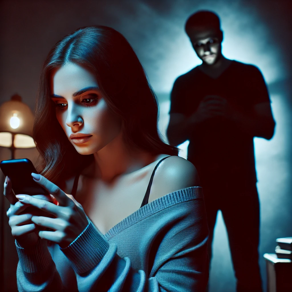 AI generated image, depicting Excessive Jealousy and Possessiveness. A girl using her phone sitting on the corner of her bed while a shadow of a man behind her also checking his phone