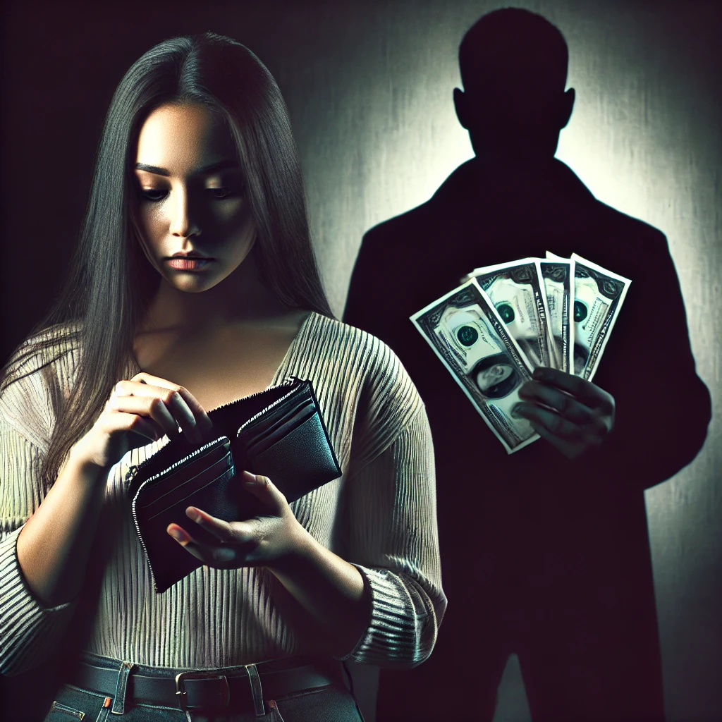 AI generated artwork depicting Financial control in a relationship.  A girl stanfing with an empty purse while a shadow behind her holds the money