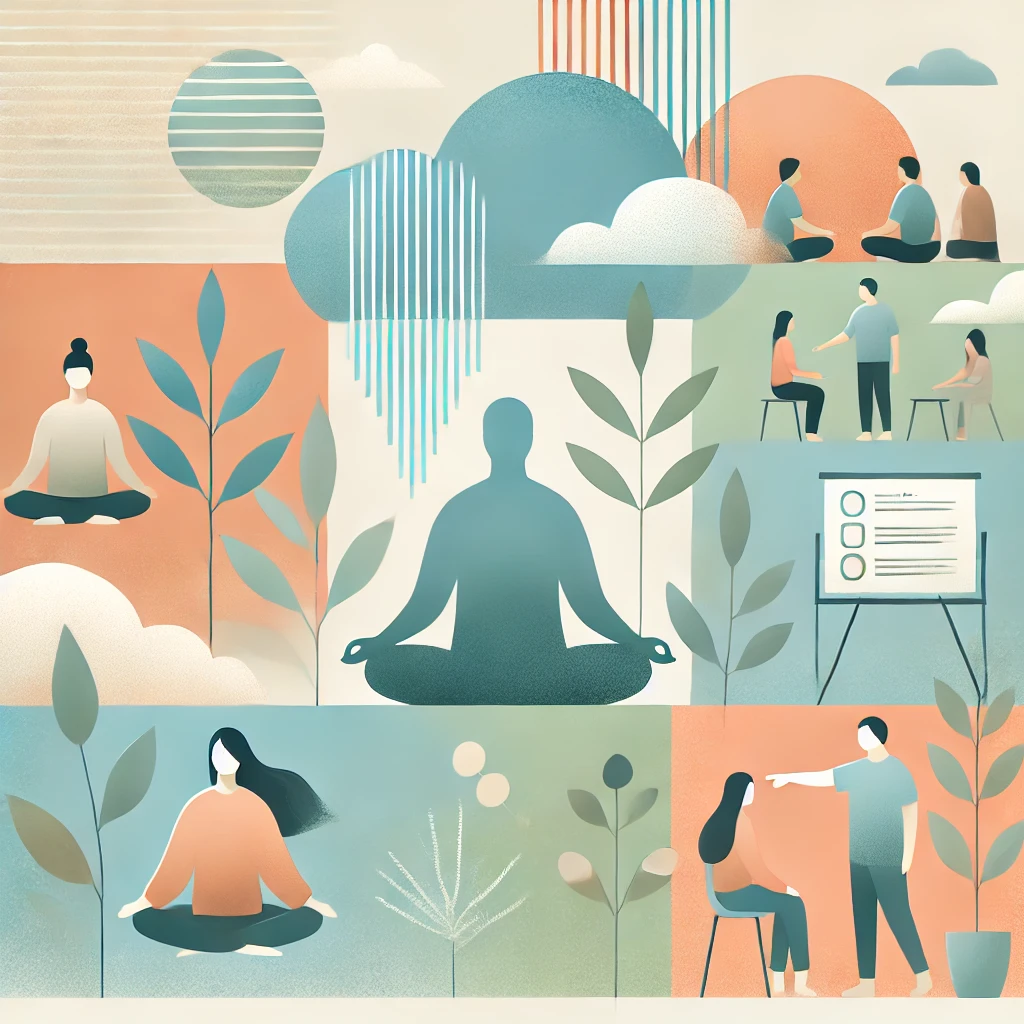 Artwork depicting a visually representing self-care, connection, and support in a balanced, minimalist design.  Showcasing people doing various mindful activities like yoga, meditation, counselling etc.