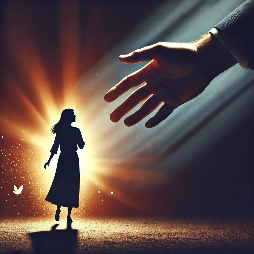 image for the section on How to Seek Help, maintaining the consistent visual theme while emphasizing hope and support. A girl standing in front of a huge hand stretched out for help