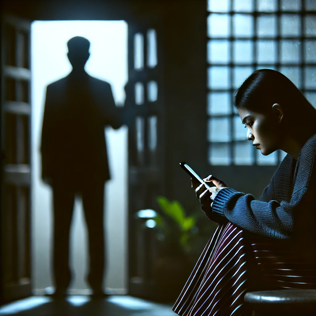 Isolation from Friends and Family. A girl sitting alone  inside while a man is blocking the door