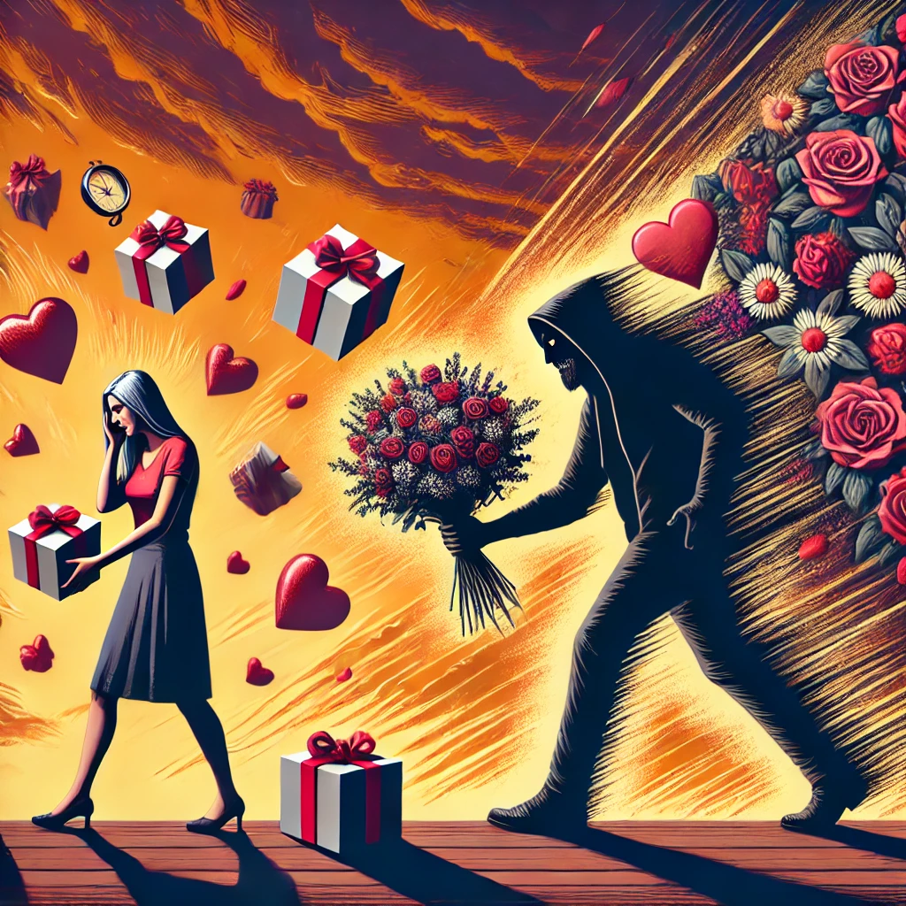 AI Generated artwork depicting a girl being overwhelmed with gifts by the guy in a new relationship