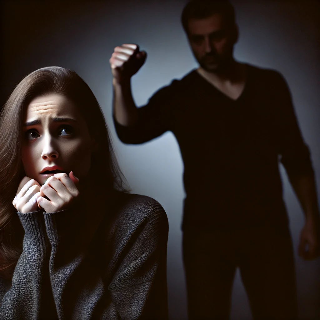 AI generated  image for the section on Threats and Intimidation, maintaining the consistent visual theme. Shows a girl being intimated  y a man