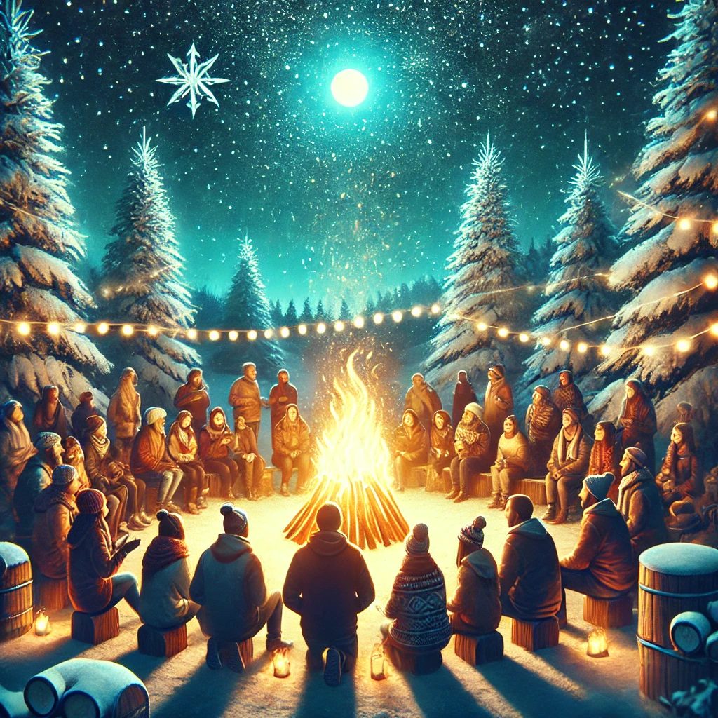 community winter event scene with people gathered around a bonfire under a starlit sky, radiating warmth and connection within a cool winter color scheme