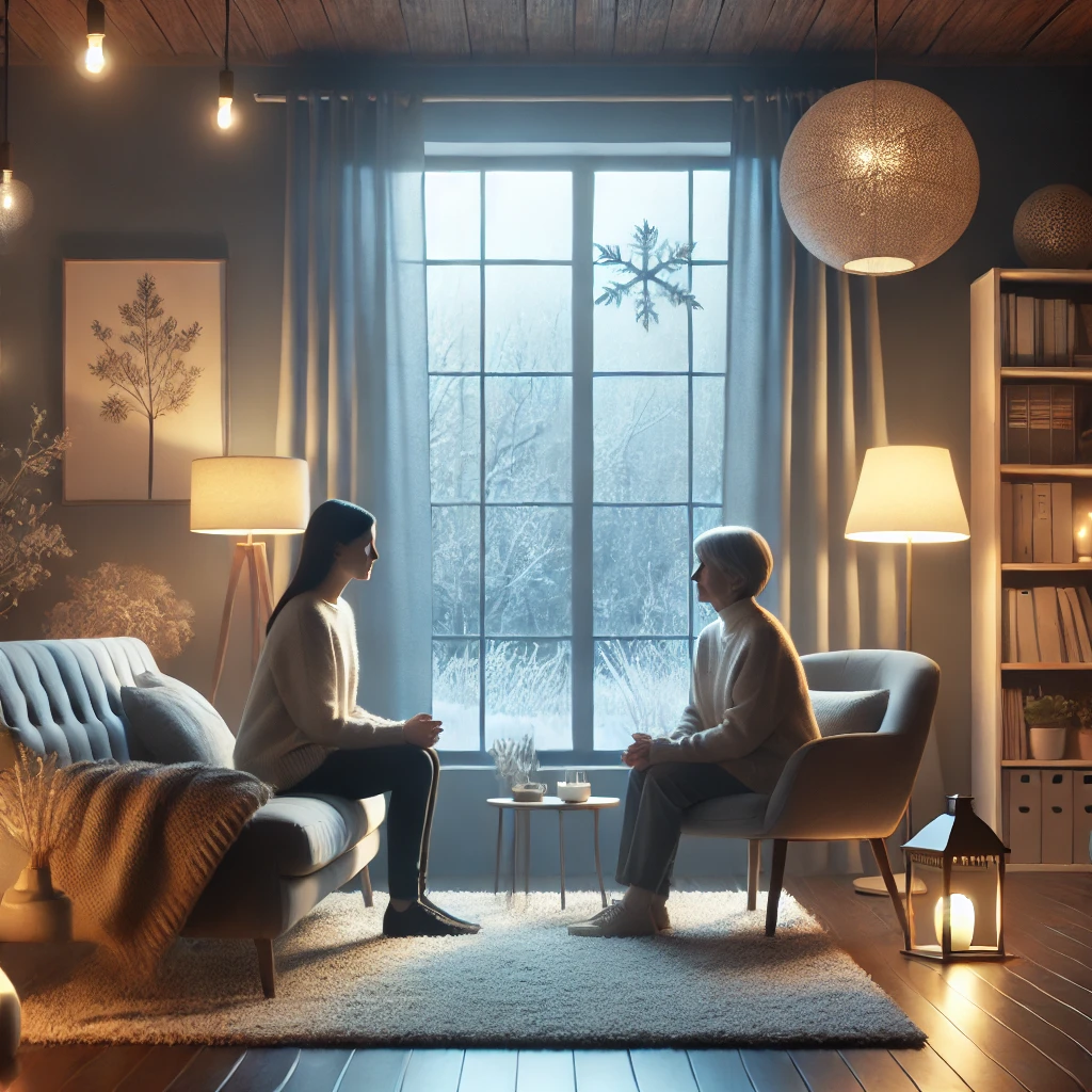 warmly lit counseling room with a caring professional engaged in a supportive conversation, subtly integrating winter motifs with a comforting ambiance.