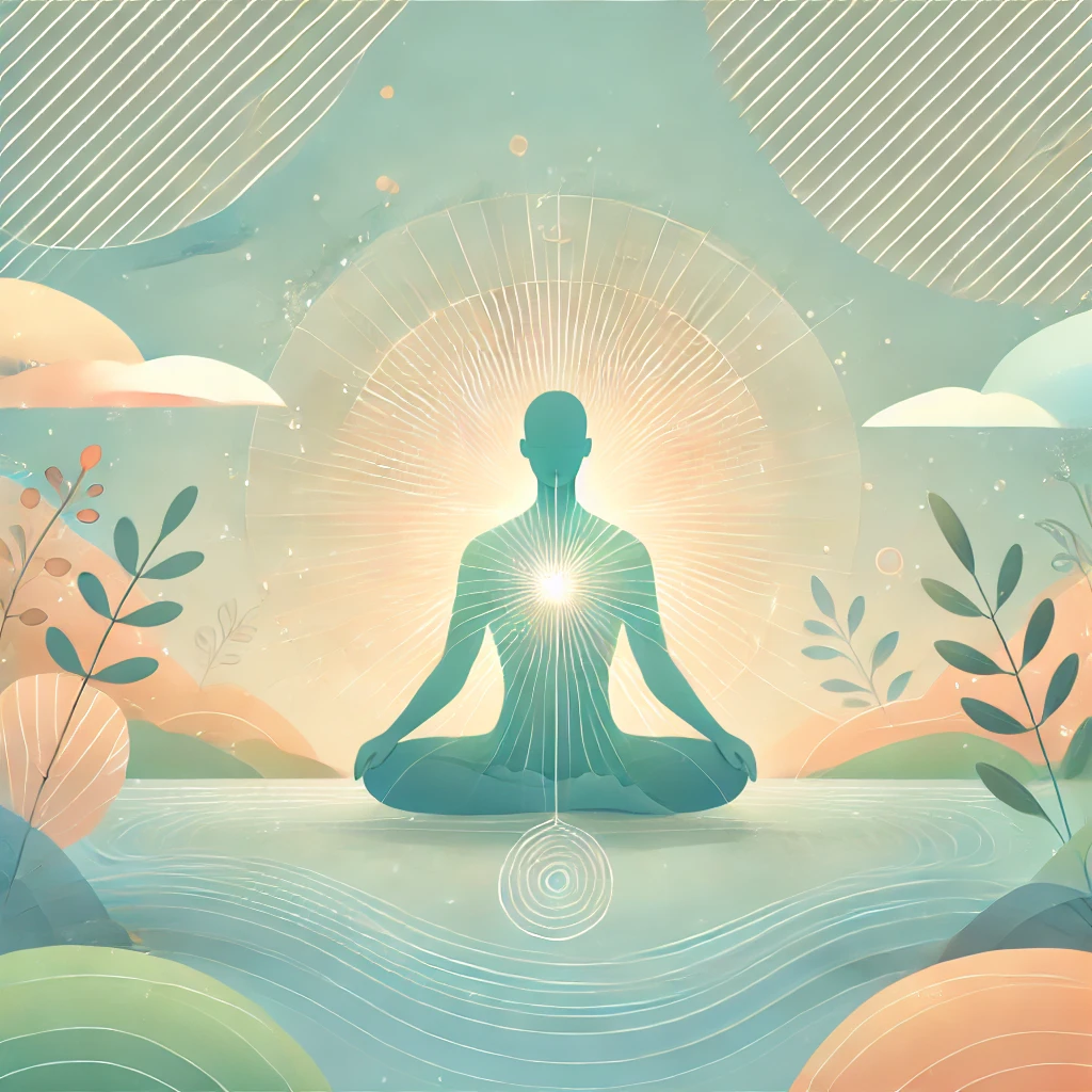 AI generated artwork fon mindfulness in crisis intervention, maintaining a soft pastel color scheme for a calming and harmonious feel. A man doing yoga meditation.