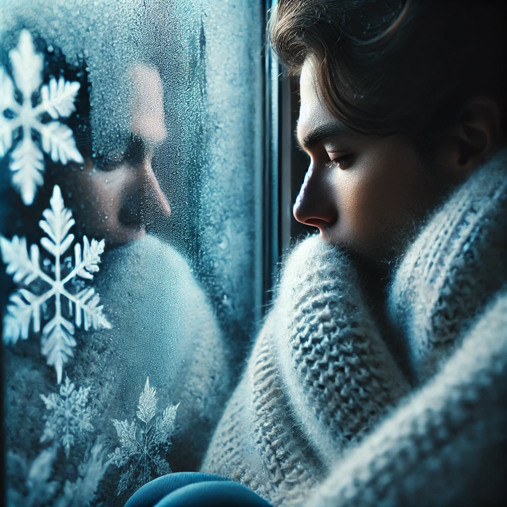 AN Ai generated Artwork depicts a man standing at his window with a warm blanket around him lookin at the snowfall outside.