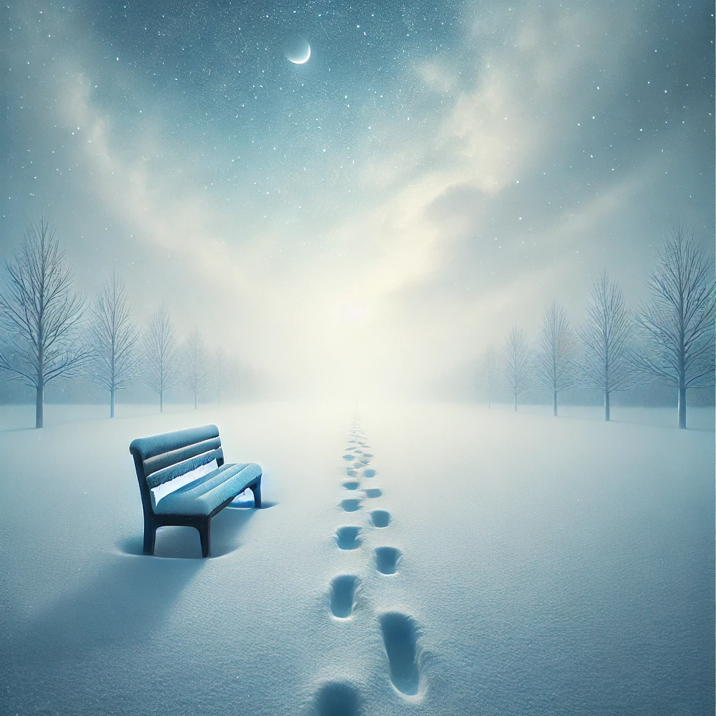 Artwork depicting a thick blanket of snow covered park with a long chair covered in snow.