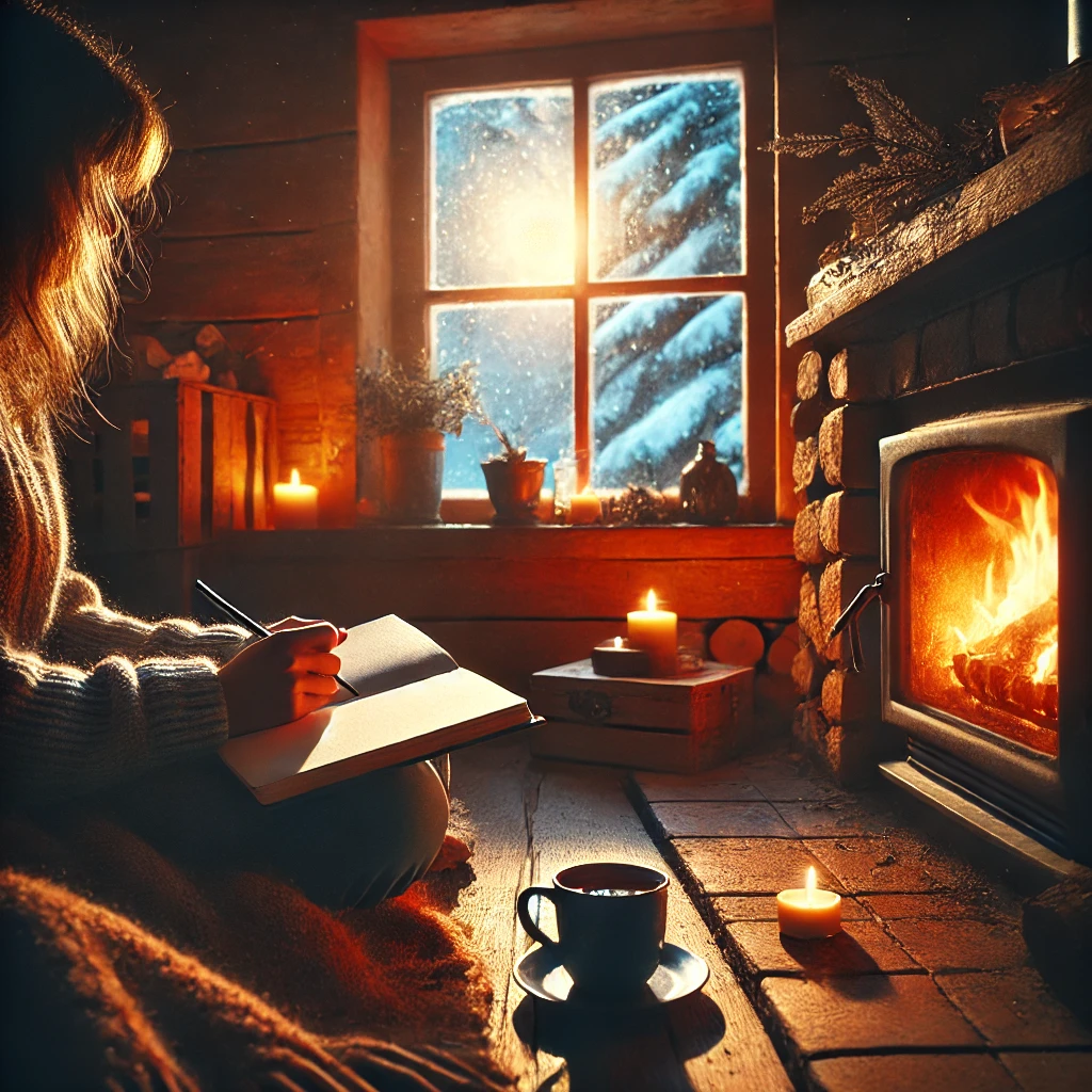 peaceful moment of a person journaling by a crackling fireplace, blending cool winter hues with warm, comforting firelight