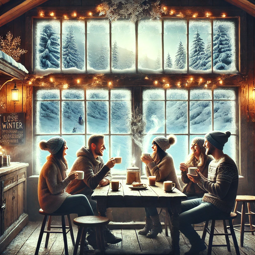 heartwarming scene in a rustic winter café, where friends share laughter over hot drinks, blending cool winter tones with warm, inviting light