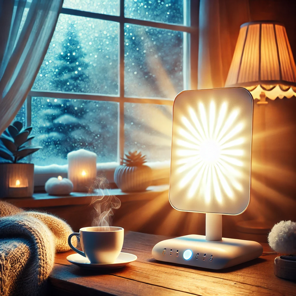 cozy indoor scene featuring a light therapy lamp glowing warmly on a wooden desk, blending cool winter light with a burst of warm illumination