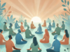 Artwork showing people sitting together and meditating in front of a beautiful sunrise. A soothing pastel color scheme to evoke hope, mindfulness, and community support.