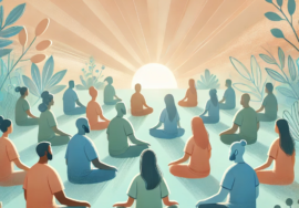 Artwork showing people sitting together and meditating in front of a beautiful sunrise. A soothing pastel color scheme to evoke hope, mindfulness, and community support.