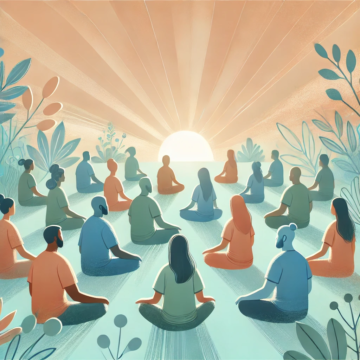 Artwork showing people sitting together and meditating in front of a beautiful sunrise. A soothing pastel color scheme to evoke hope, mindfulness, and community support.