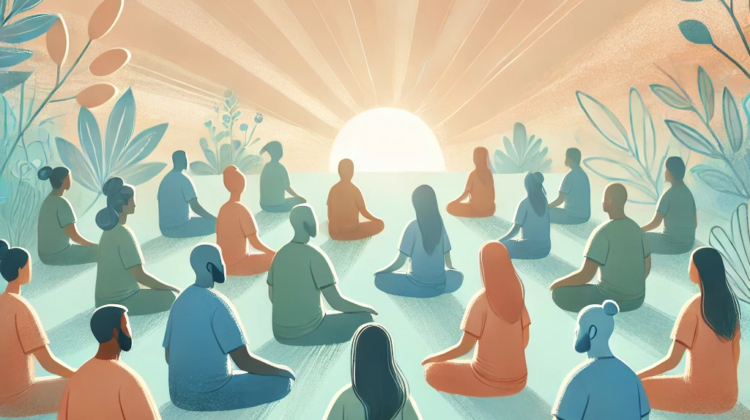 Artwork showing people sitting together and meditating in front of a beautiful sunrise. A soothing pastel color scheme to evoke hope, mindfulness, and community support.