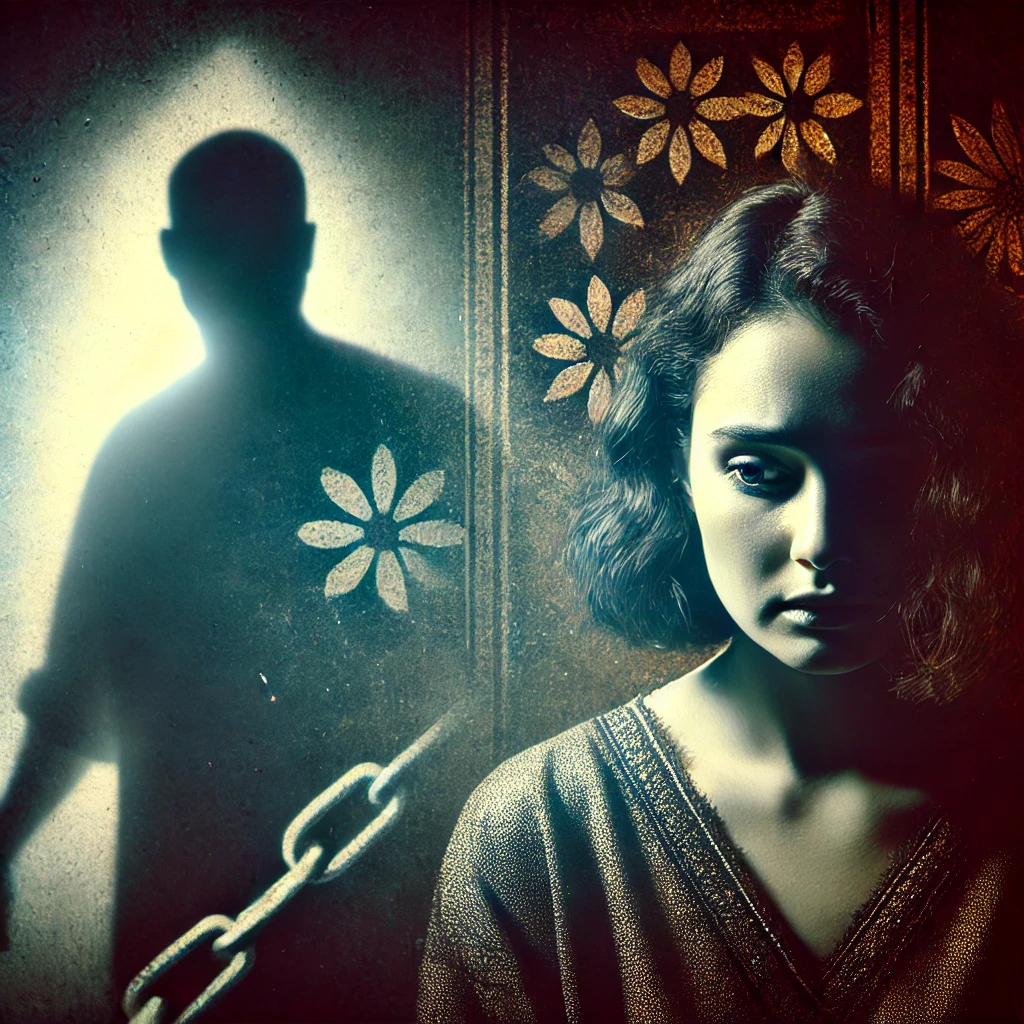 An Ai generated Image visually represents the theme of recognizing early warning signs of domestic violence, with a balance of distress and hope. A girl standing scared and a shadow of a man behind her