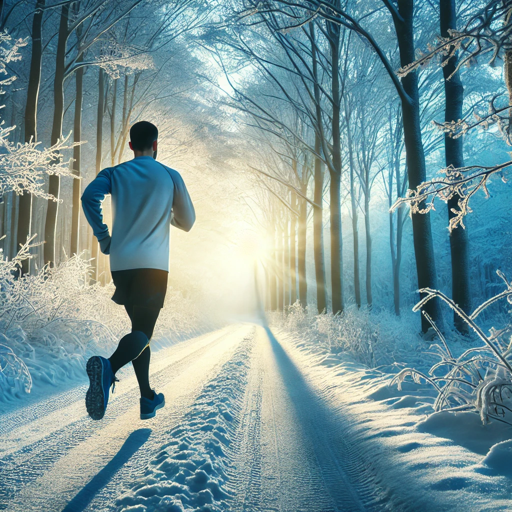  serene winter scene of a person jogging along a snow-covered trail at sunrise, blending cool tranquility with the vibrant energy of a new day