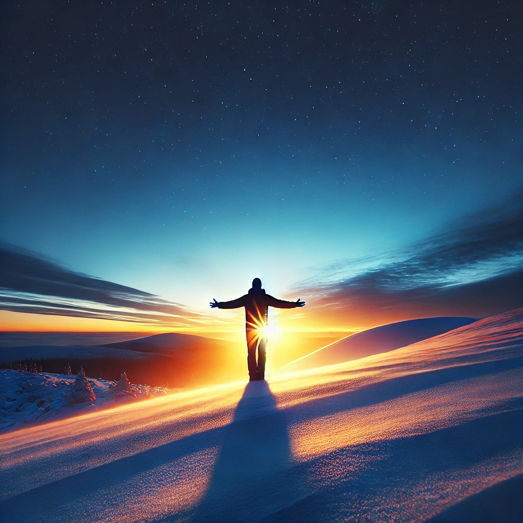  dramatic silhouette of a person standing on a snowy hill at dawn, embracing the first golden rays of sunlight breaking through the cool winter sky. 