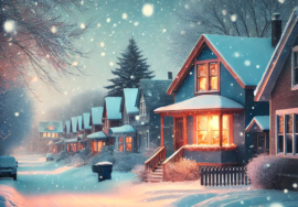 AI generated artwork depicting a winter landscape in winter Manitoba. snowfall and houses