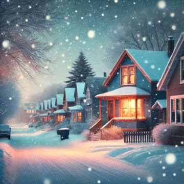 AI generated artwork depicting a winter landscape in winter Manitoba. snowfall and houses