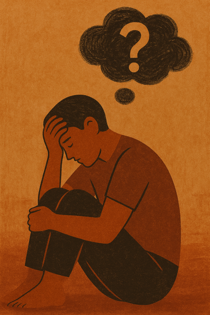 An illustrated person sits in contemplation beneath a floating question mark, reflecting uncertainty and self-doubt about whether their pain is serious enough.