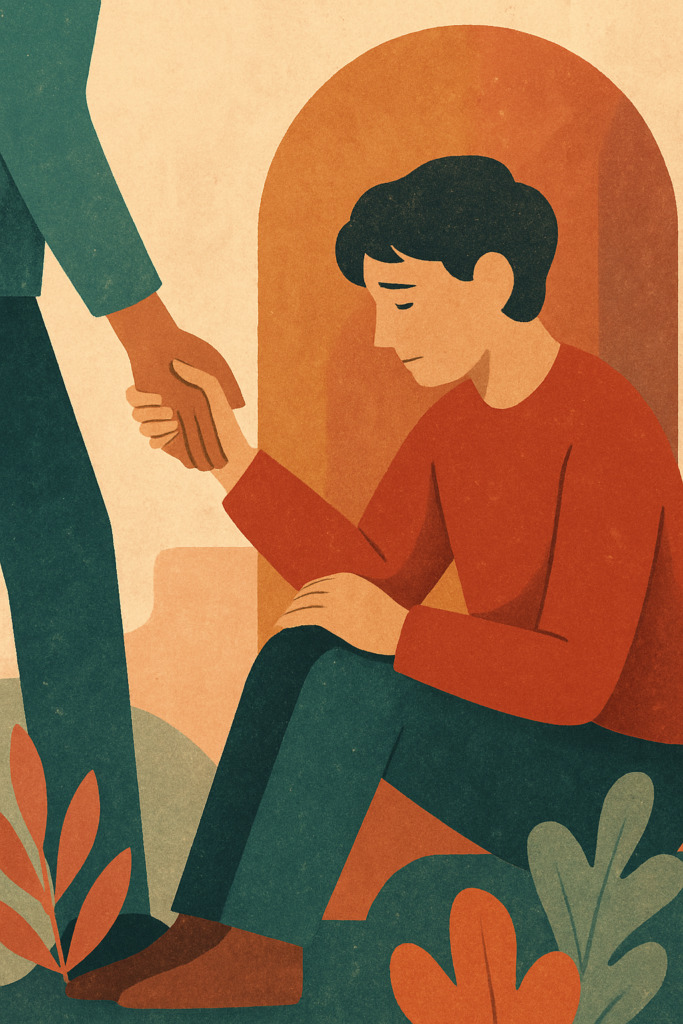 A softly lit illustration of a person being supported by another, conveying hope, resilience, and the strength found in reaching out.