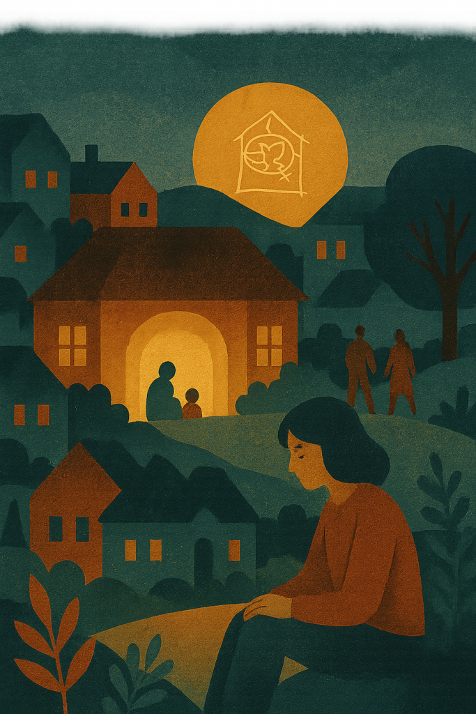 A warm illustration of a community at dusk with a softly lit crisis centre at its heart, representing safety, care, and local support.